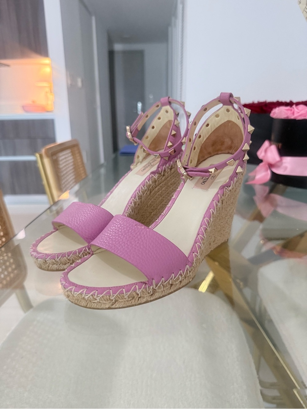 Valentino Garavani Women’s Pink Espadrille Wedge Sandals with Ankle Strap